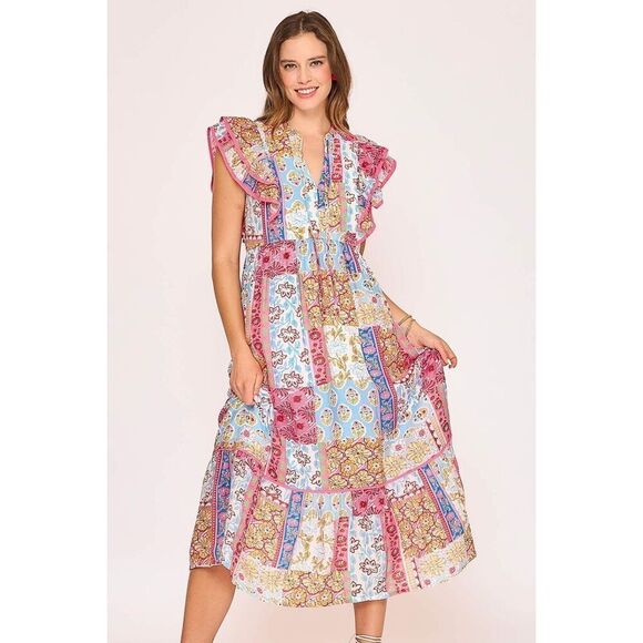 Umgee Patchwork Print Layered Ruffle Sleeve Boho Dress Sz Large - Picture 2 of 5